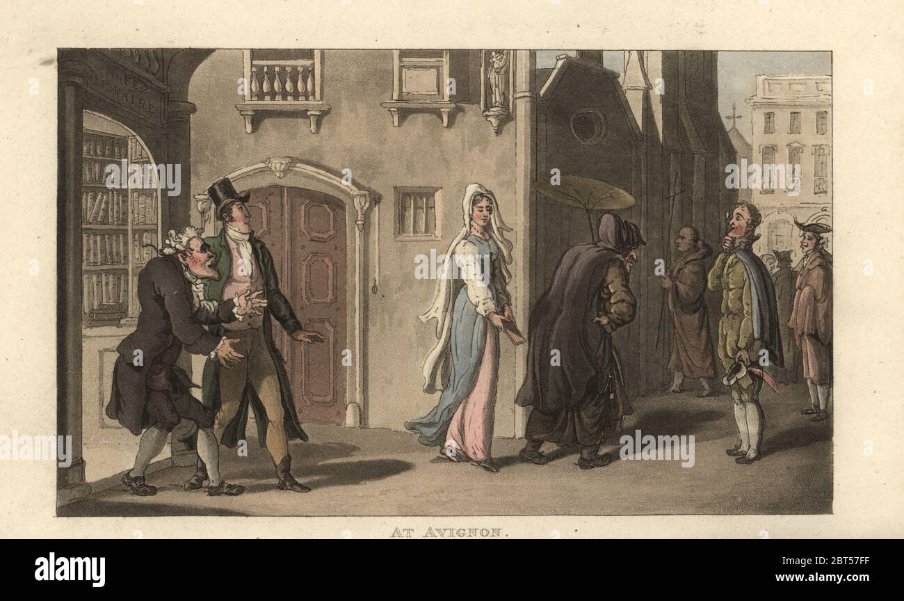 An English gentleman at a booksellers in Avignon, catching his first glimpse of the beauty Clara with her old aunt. First sight of Clara at Avignon. Handcoloured copperplate engraving after an illustration by Thomas Rowlandson from Journal of Sentimental Travels in the Southern Provinces of France, translated and abridged from Moritz August von Thummels Reise in die mittäglichen Provinzen van Frankreich im Jahre 17851786, Rudolph Ackermann, London, 1821. Stock Photo