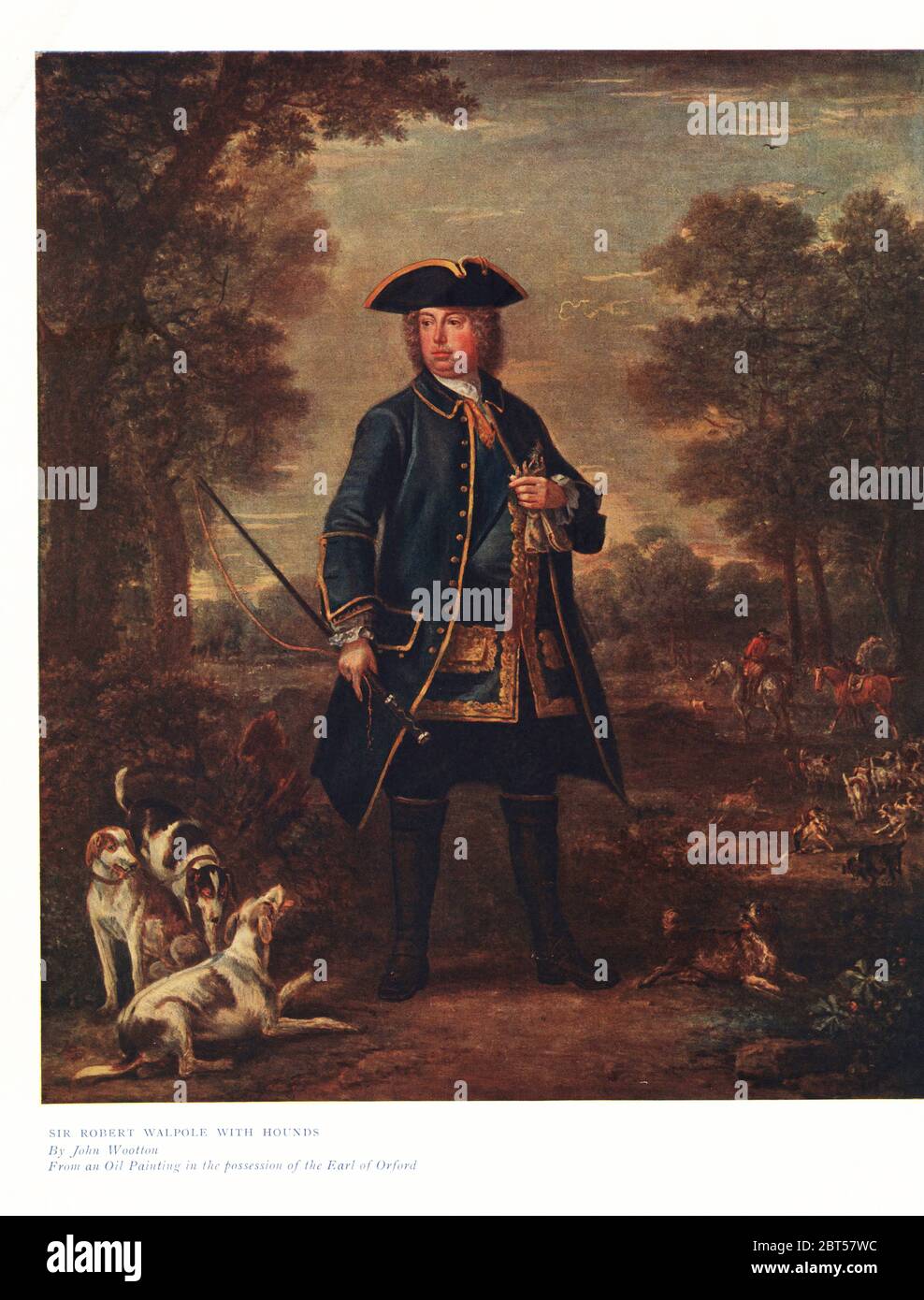 Sir Robert Walpole with hounds, a fox hunt in the background. Color print from an illustration by John Wootton in Ralph Nevills Old Sporting Prints, The Connoisseur Magazine, London, 1908. Stock Photo