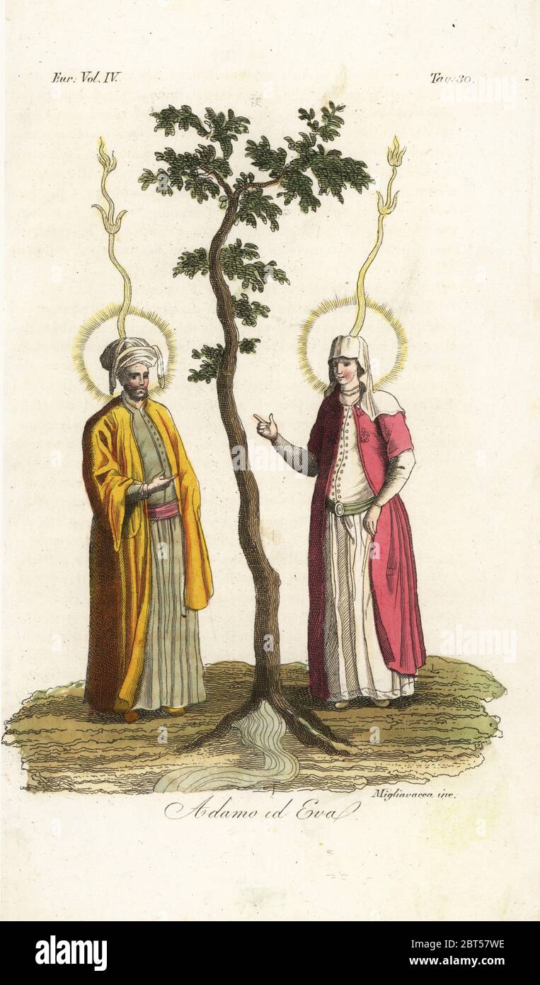 Adam and Eve from a Persian manuscript. They are shown in Oriental robes singing to the tree of life in Paradise, halos and flames shooting from their heads. Adamo id Eva. Handcoloured copperplate engraving by Migliavacca after Giulio Ferrario in his Costumes Ancient and Modern of the Peoples of the World, Il Costume Antico e Modern o Story, Florence, 1842. Copied from Ignace Mouradgea dOhssons Tableau General de lEmpire Othoman, Paris, 1790. Stock Photo