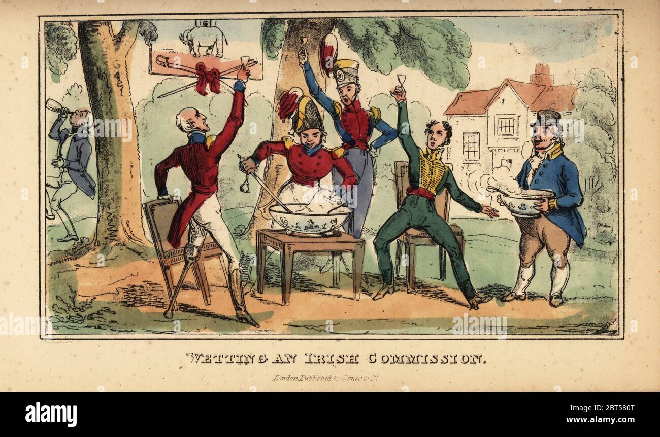 Army officers performing a ritual commission ceremony. An officer wets a document in a bowl of punch with a sword at the Elephant and Castle pub. Wetting an Irish Commission. Handcoloured engraving from Pierce Egans Real Life in Ireland, or the Day and Night Scenes, Rovings, Rambles, and Sprees, Bulls, Blunders, Bodderation and Blarney, of Brian Boru Esq., and his Elegant Friend Sir Shawn ODogherty, published by William Evans, London, 1829. Stock Photo
