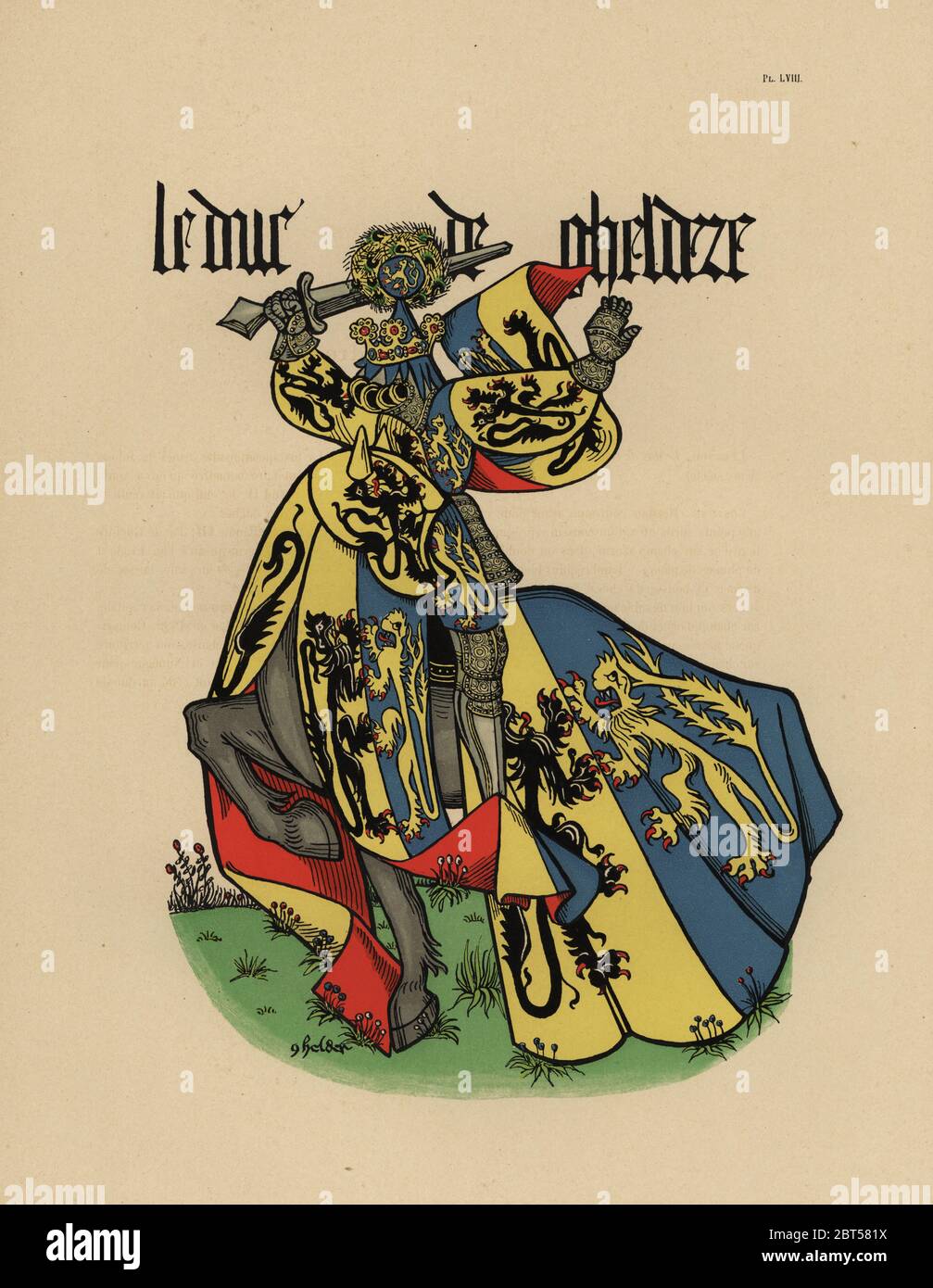 Duke of Guelders, Duc de Gueldre. Chromolithograph from Loredan Larchey's Ancien Armorial Equestre de la Toison d'Or et de l'Europe au 15e siecle (Ancient Equestrian Armorials of the Order of the Golden Fleece and Europe in the 15th century), Paris, 1890. From illustrated manuscript 4790 in the Bibliotheque de l'Arsenal. Stock Photo