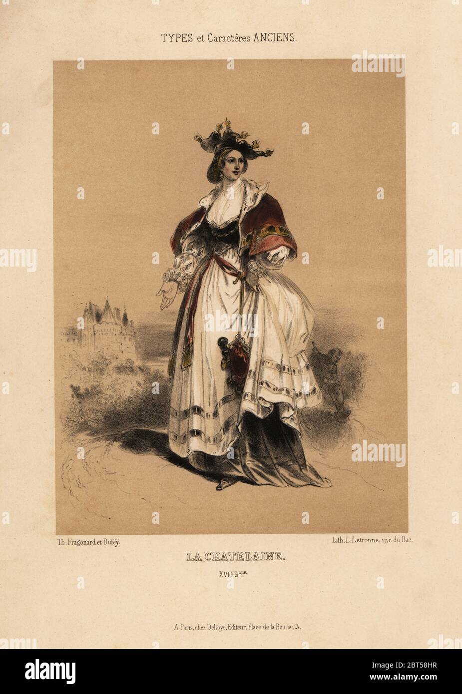 La Chatelaine, 16th century. Dutch woman wearing a chatelaine belt clasp with purse, keys, etc., hanging from it. The chatelaine was a fashion item in Zeeland in the 16th century. Chromolithograph by Louis Rene Letronne after an illustration by Th. Fragonard et Dufey from Le Keepsake Francais with 12 plates from A. Mazuys Types et Caracteres Anciens, dapres des Documents Peints ou Ecrits, chez Delloye, Paris, 1841. Stock Photo