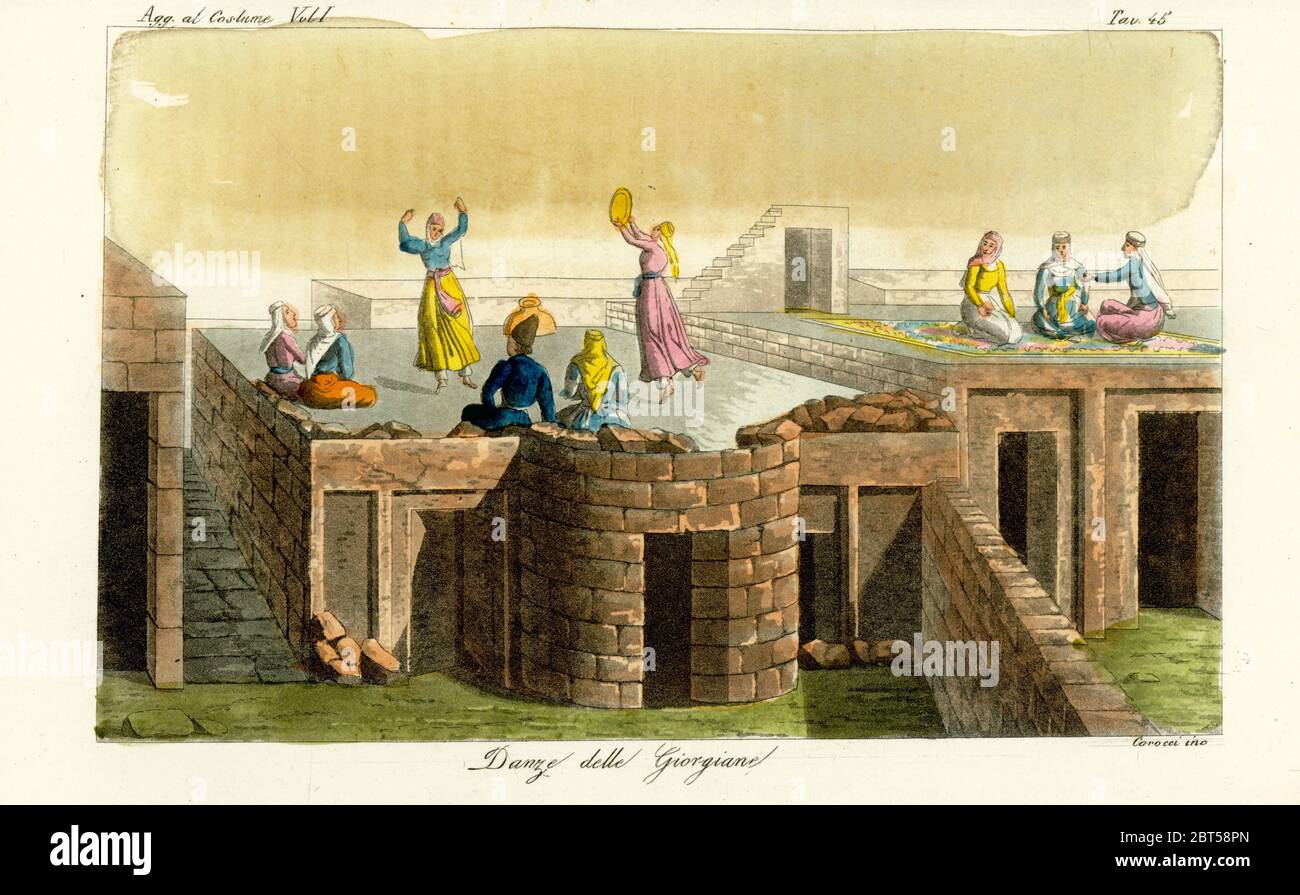 Georgian and Armenian women dancing on the terraces of houses in Tbilisi, Georgia. They dance to musical accompaniment of tambourines and handclaps. Danza delle Giorgiane. Handcoloured copperplate engraving by Carocci after Giulio Ferrario in his Costumes Ancient and Modern of the Peoples of the World, Il Costume Antico e Moderno, Florence, 1833. Stock Photo