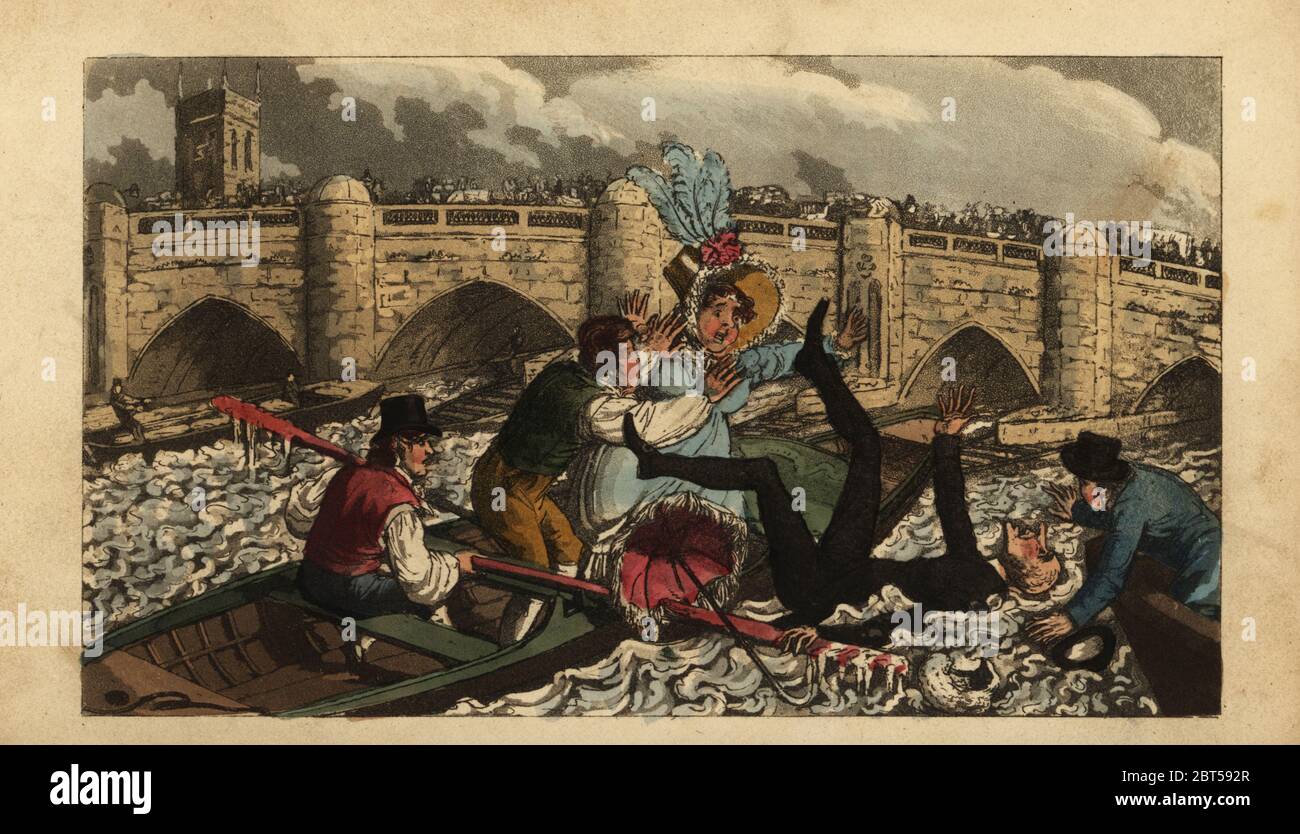 Georgian gentleman falling into the River Thames from a skiff under London Bridge. His wife drops her parasol in shock. Doctor Syntax shoots London Bridge and pops overboard. Handcoloured copperplate engraving after an illustration by Isaac Robert Cruikshank from The Tour of Doctor Syntax through London, in the Pleasures and Miseries of the Metropolis, J. Johnson, London, 1820. Stock Photo