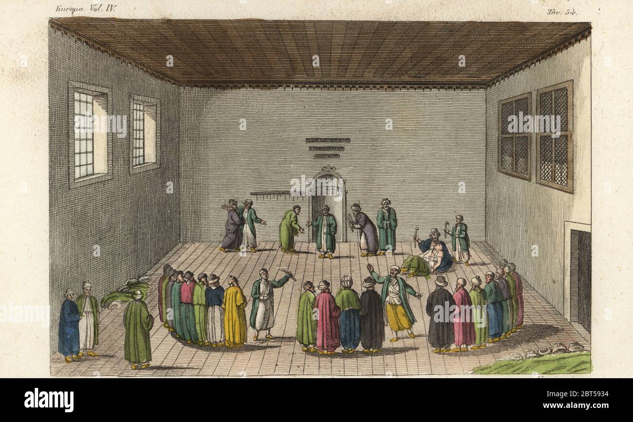 Final scene of a Dervish dance, Rifai order. Penitents in ecstasy grasp red-hot scimitars and have their wounds treated by the sheikh. Followers of Shaikh Ahmed er-Rifai. Quinta scena del ballo dei Dervisch Rufay. Handcoloured copperplate engraving by Verico after Giulio Ferrario in his Costumes Ancient and Modern of the Peoples of the World, Il Costume Antico e Modern o Story, Florence, 1842. Copied from Ignace Mouradgea dOhssons Tableau General de lEmpire Othoman, Paris, 1790. Stock Photo