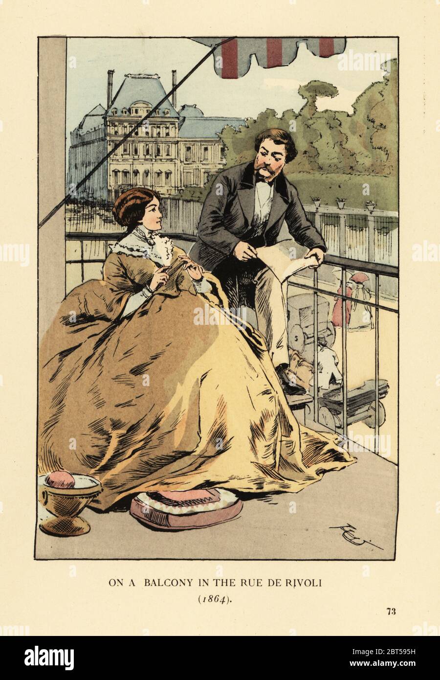 On a balcony in the rue de Rivoli, Paris, 1864. Woman with mustard crinoline dress with pelerine. The Louvre and Jardin des Tuileries across the street. Handcoloured lithograph by R.V. after an illustration by Francois Courboin from Octave Uzannes Fashion in Paris, William Heinemann, London, 1898. Stock Photo