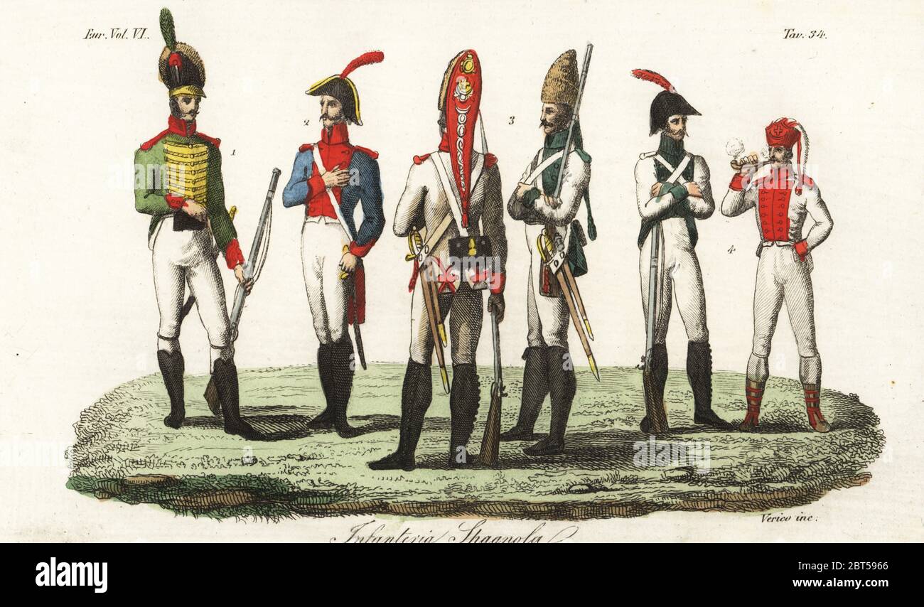 Uniforms of the Spanish Army, 1800s. Catalan light infantryman 1,  artilleryman 2, grenadiers 3, other soldiers 4. Infanteria Spagnola.  Handcoloured copperplate engraving by Verico after Giulio Ferrario in his  Costumes Ancient and