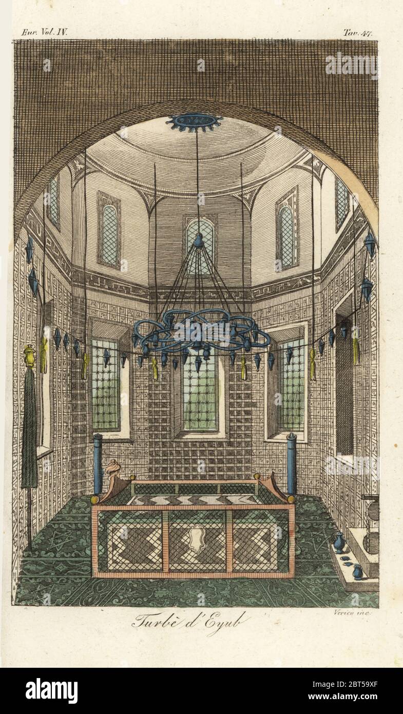Turbe or tomb of Abu Ayyub al-Ansari in the Eyup Sultan Mosque, Istanbul. The tomb is open day and night and lit with two large torches and a flagpole wrapped in green cloth. Walls covered in Isnik tiles. Turbe dEyub. Chapelle sepulchrale dEyub. Handcoloured copperplate engraving by Verico after Giulio Ferrario in his Costumes Ancient and Modern of the Peoples of the World, Il Costume Antico e Modern o Story, Florence, 1842. Copied from Ignace Mouradgea dOhssons Tableau General de lEmpire Othoman, Paris, 1790. Stock Photo