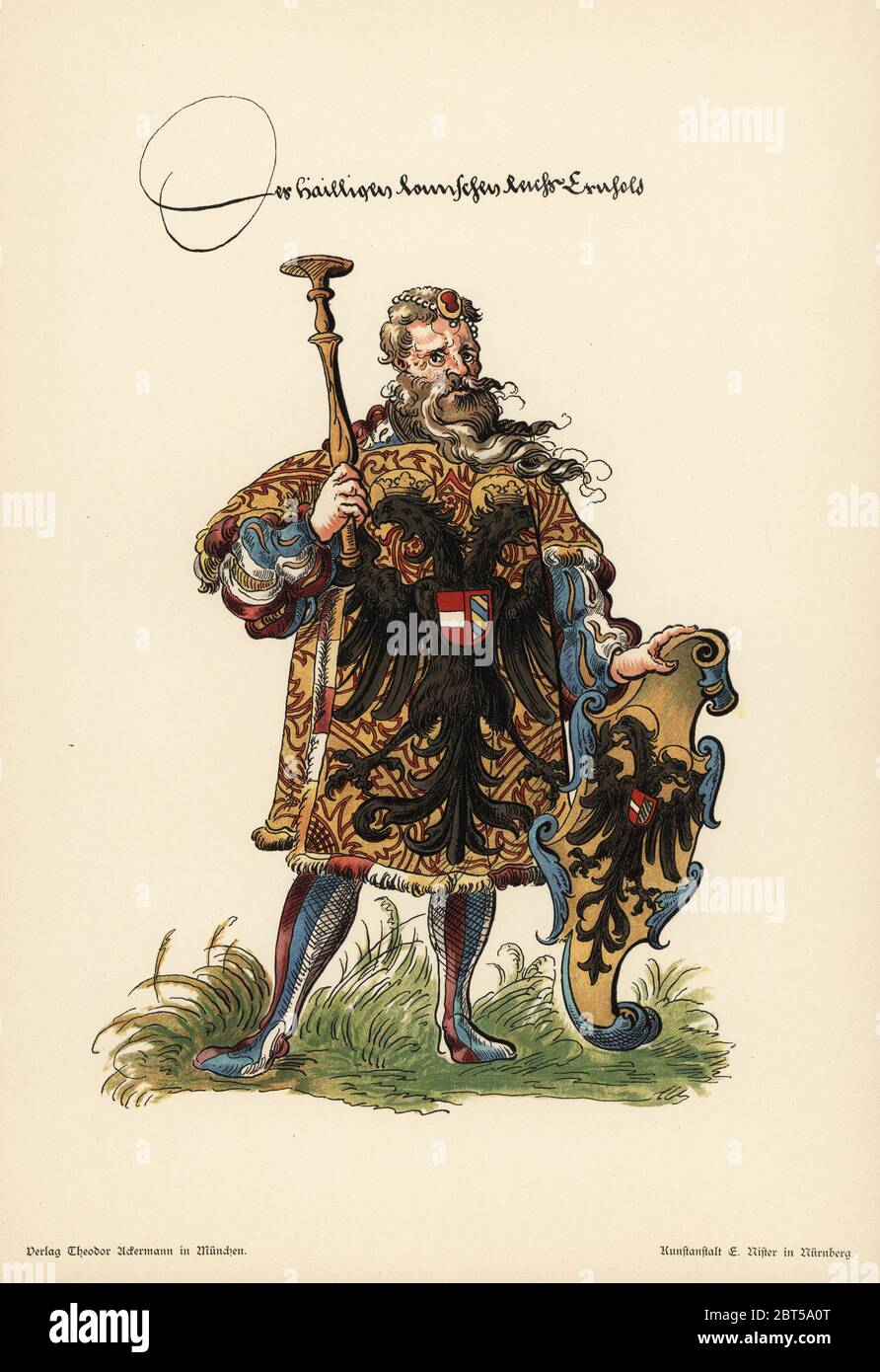 Herald of the Holy Roman Empire; Herold der heiliges Romisches Reich. He wears an armorial tunic and carries an escutcheon with the black double-headed eagle on gold field. Chromolithograph from Otto Watzelberger's Beitraege zum Formenschatz der Heraldik (Contributions to the Vocabulary of Heraldry), Theodor Ackermann, Munich, 1900. Otto Watzelberger was Secretary of the Koeniglich Bayerischen Haus-Ritter-Ordens vom heiligen Georg (Royal Bavarian House Equestrian Order of Saint George). Stock Photo