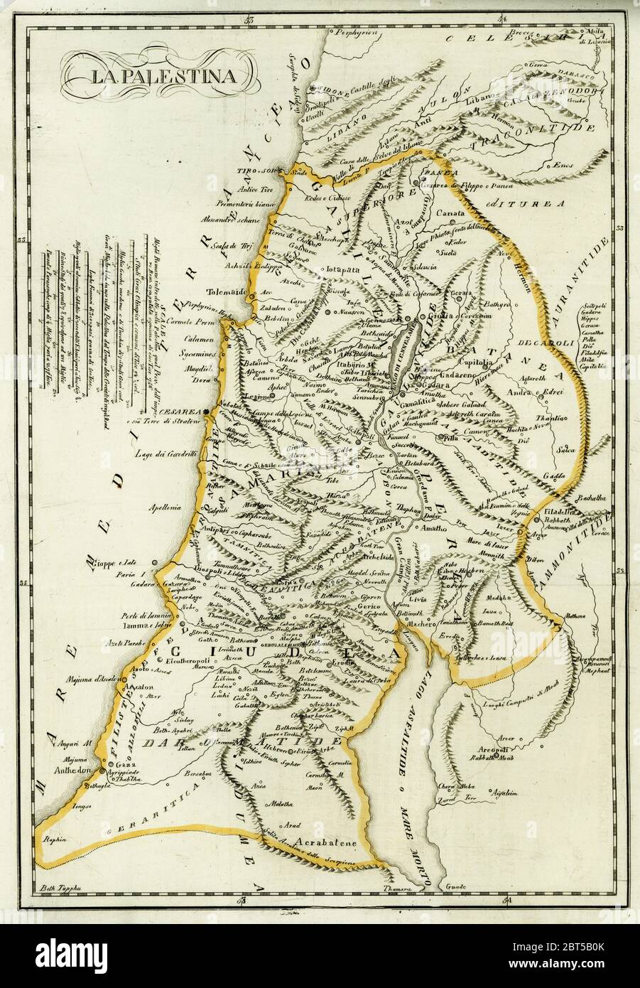 Map of Palestine, circa 1800. From Gaza and Ashkelon in the south to Tyre and Sidon (Lebanon) in the north. La Palestina. Handcoloured copperplate engraving after Giulio Ferrario in his Costumes Ancient and Modern of the Peoples of the World, Il Costume Antico e Modern o Story, Florence, 1833. Stock Photo