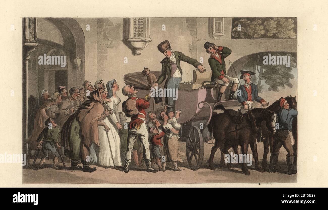 English gentleman dispensing his medicine cabinet to beggars at Ivry-sur Seine, 18th century. He gives aerated salts to a one-armed soldier, Bruchsal elixir to an old woman, and magnetic drops, Glauber salts and dry biscuit. Liberality to infirm beggars on leaving Yvri. Handcoloured copperplate engraving after an illustration by Thomas Rowlandson from Journal of Sentimental Travels in the Southern Provinces of France, translated and abridged from Moritz August von Thummels Reise in die mittäglichen Provinzen van Frankreich im Jahre 17851786, Rudolph Ackermann, London, 1821. Stock Photo