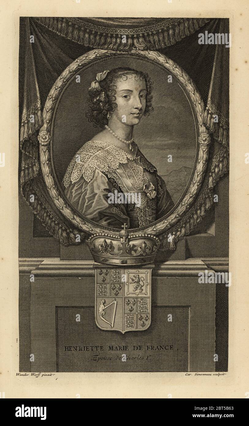 Henrietta Maria of France, wife of King Charles I of England. Henriette Marie de France. In dress with lace collar, pearl necklace. With crown and coat of arms. Copperplate engraving by Charles Simonneau after Adriaen van der Werff from Isaac de Larreys Histoire dAngleterre, dEcosse et dIrlande, Amsterdam, 1730. Stock Photo