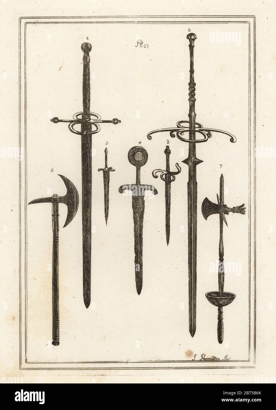 Ancient two-handed sword 1,2, dagger 3, sword and dagger from the knights of St. John of Jerusalem, Sutton at Hone 4,5, battle-axe 6,7. Copperplate engraving from Francis Grose's Military Antiquities respecting a History of the English Army, Stockdale, London, 1812. Stock Photo
