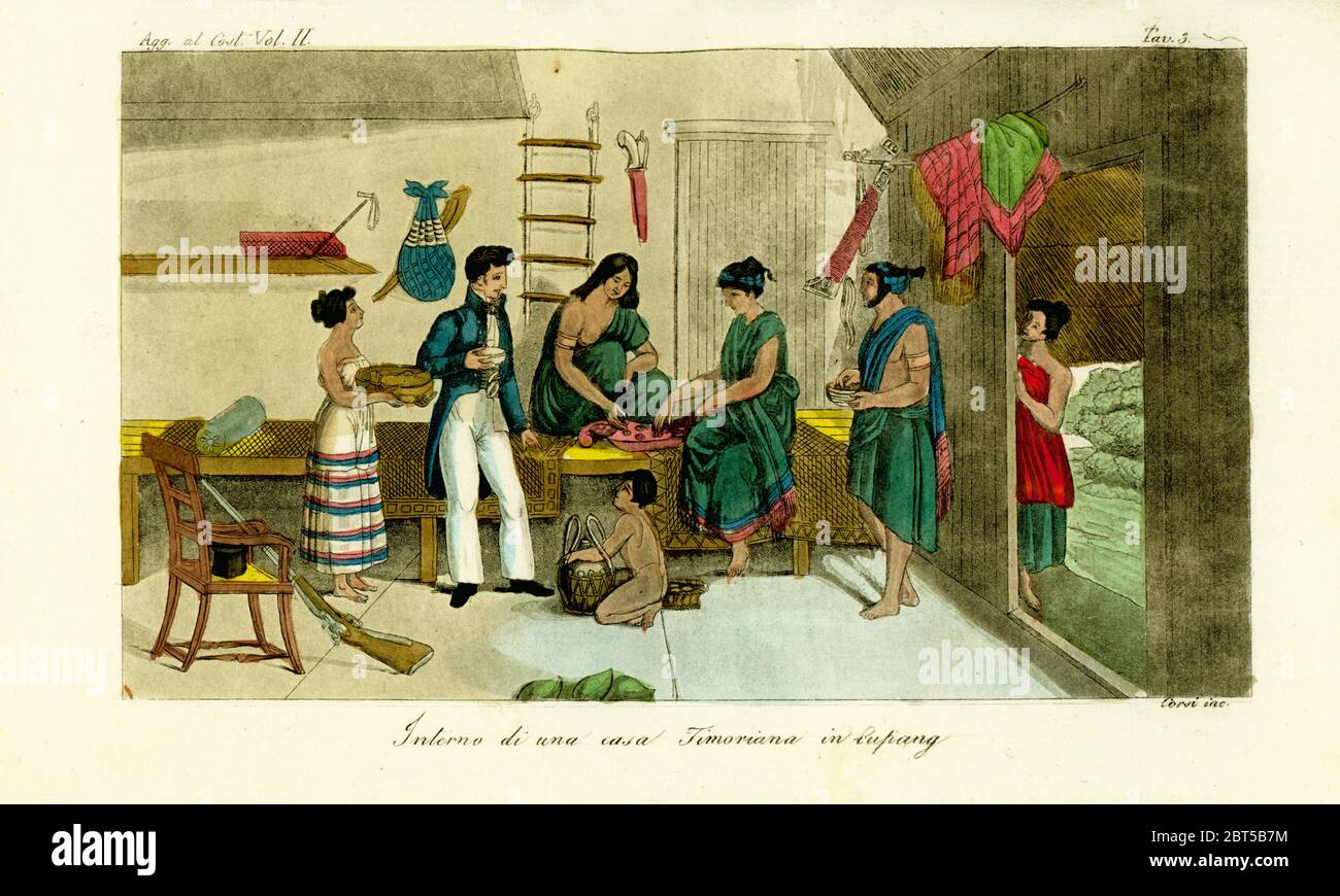 Women playing congkak in a Timorese house in Kupang, 19th century. The house is built of bamboo and palm leaves and furnished with benches, armchair and pillows. Handcoloured copperplate engraving by Corsi after Alphonse Pellion from Giulio Ferrario's Costumes Ancient and Modern of the Peoples of the World, Florence, 1834. Stock Photo