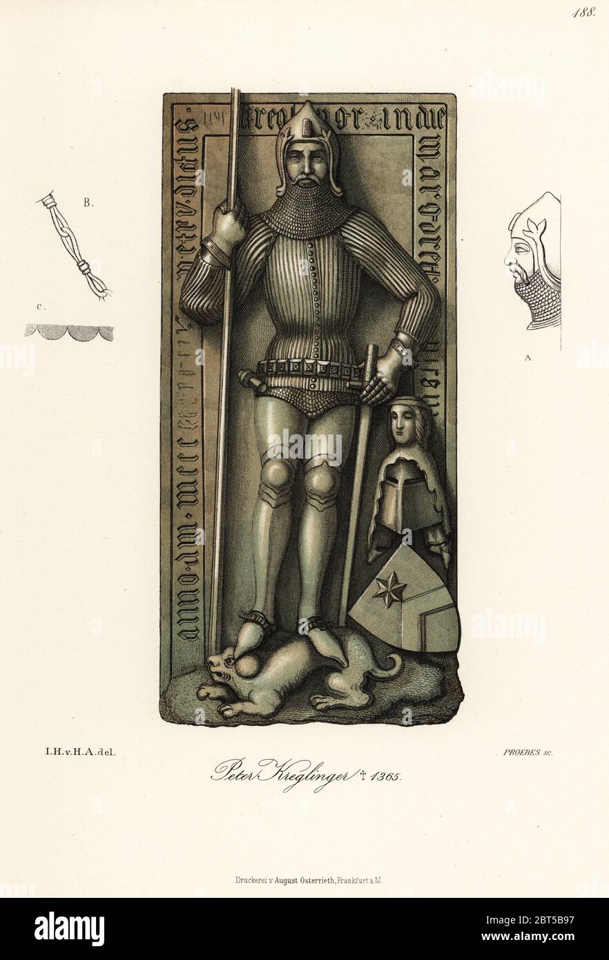 Peter Kreglinger died 1365. He wears a quilted armour doublet, over  chainmail and plate armour. With shield, great helm and lance. From his  grave effigy in the Franciscan church at Rothenburg. Chromolithograph