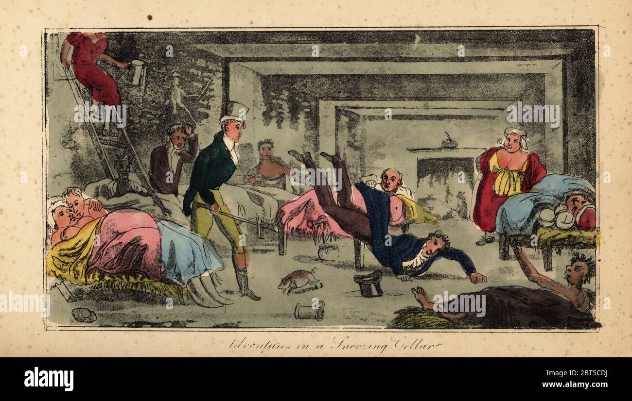 Irish gentlemen descend into an underground hostel near Dirty Lane, Dublin, with beds and cheap victuals. Adventures in a Snoozing Cellar. Handcoloured engraving from Pierce Egans Real Life in Ireland, or the Day and Night Scenes, Rovings, Rambles, and Sprees, Bulls, Blunders, Bodderation and Blarney, of Brian Boru Esq., and his Elegant Friend Sir Shawn ODogherty, published by William Evans, London, 1829. Stock Photo