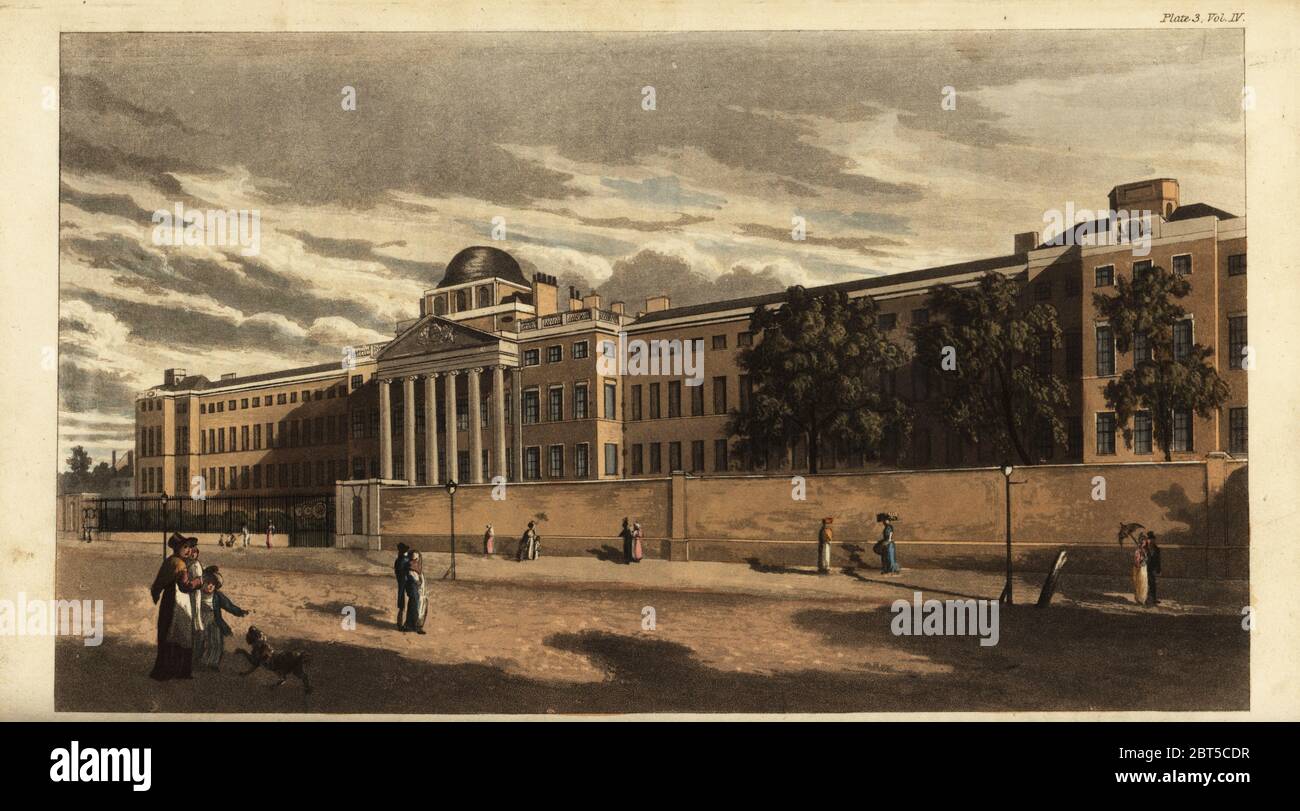 Bethlem Royal Hospital or Bedlam Hospital in St. Georges Fields, Southwark, 1816. Now the Imperial War Museum. Designed by surveyor James Lewis in the neoclassical style with portico and six Doric columns. Handcoloured copperplate engraving from Rudolph Ackermanns Repository of Arts, London, 1817. Stock Photo