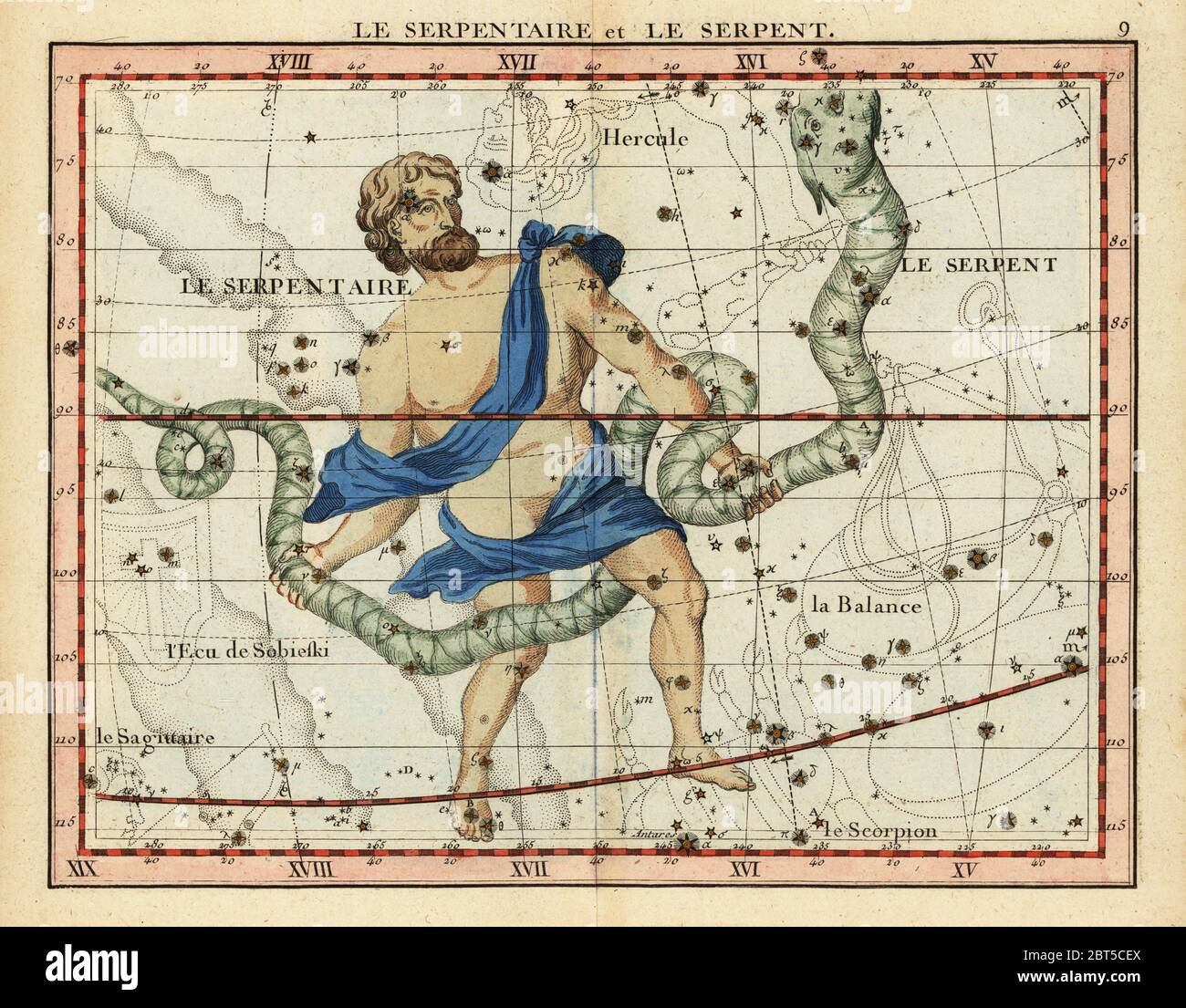 Constellations Ophiuchus and Serpens, with Hercules, Libra, Scorpius, and Scutum. Le serpentaire et le serpent.Handcoloured copperplate engraving from John Flamsteed and Nicolas Fortins Celestial Atlas or Atlas Celeste de Flamsteed, Lalande, Paris, 1795. Stock Photo