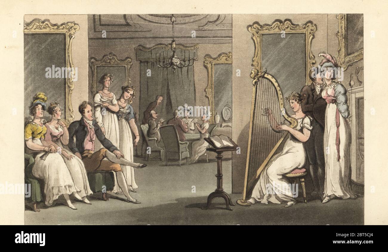 English gentleman and ladies listening to a harpist at a ball in a stately home. Two lovers flirt in a corner, and four people play cards in another room. Handcoloured copperplate engraving after an illustration by Thomas Rowlandson from William Combes The Dance of Life, Rudolph Ackermann, London, 1817. Stock Photo