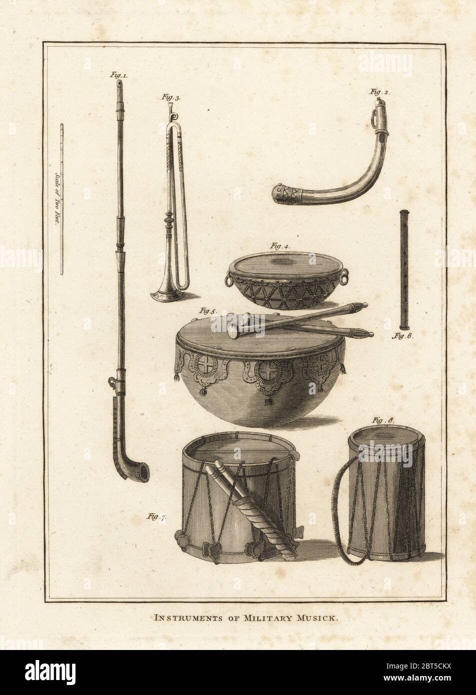Military musical instruments: trumpet, horn, fife, kettle drum, side drum. Instruments of military musick. Copperplate engraving from Francis Grose's Military Antiquities respecting a History of the English Army, Stockdale, London, 1812. Stock Photo