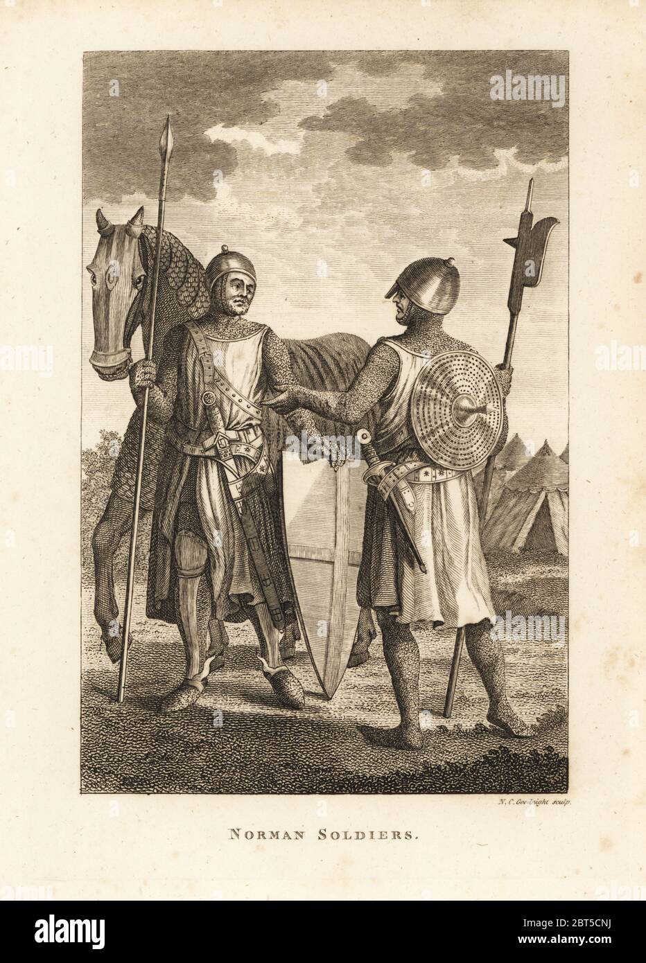Norman soldiers in chainmail and plate armour with shield, lance, halberd, in front of military campaign tents. Copperplate engraving by N.C. Goodnight from Francis Grose's Military Antiquities respecting a History of the English Army, Stockdale, London, 1812. Stock Photo
