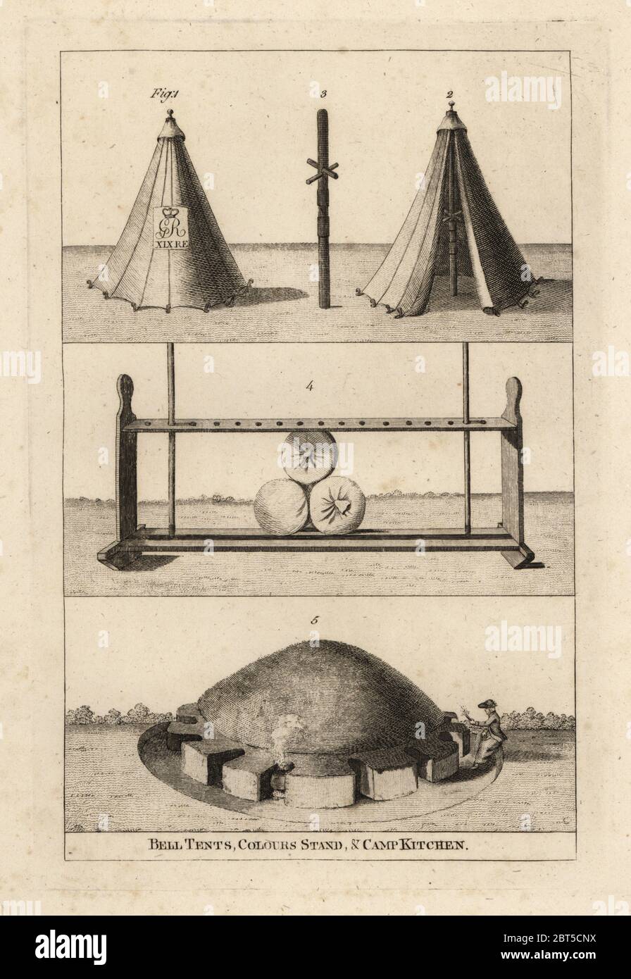 18th century military tents: called bell-tents 1,2, pole to support arms 3, stand for drums, colours and officers espontons 4, and camp-kitchen with a woman cooking 5.Copperplate engraving from Francis Grose's Military Antiquities respecting a History of the English Army, Stockdale, London, 1812. Stock Photo