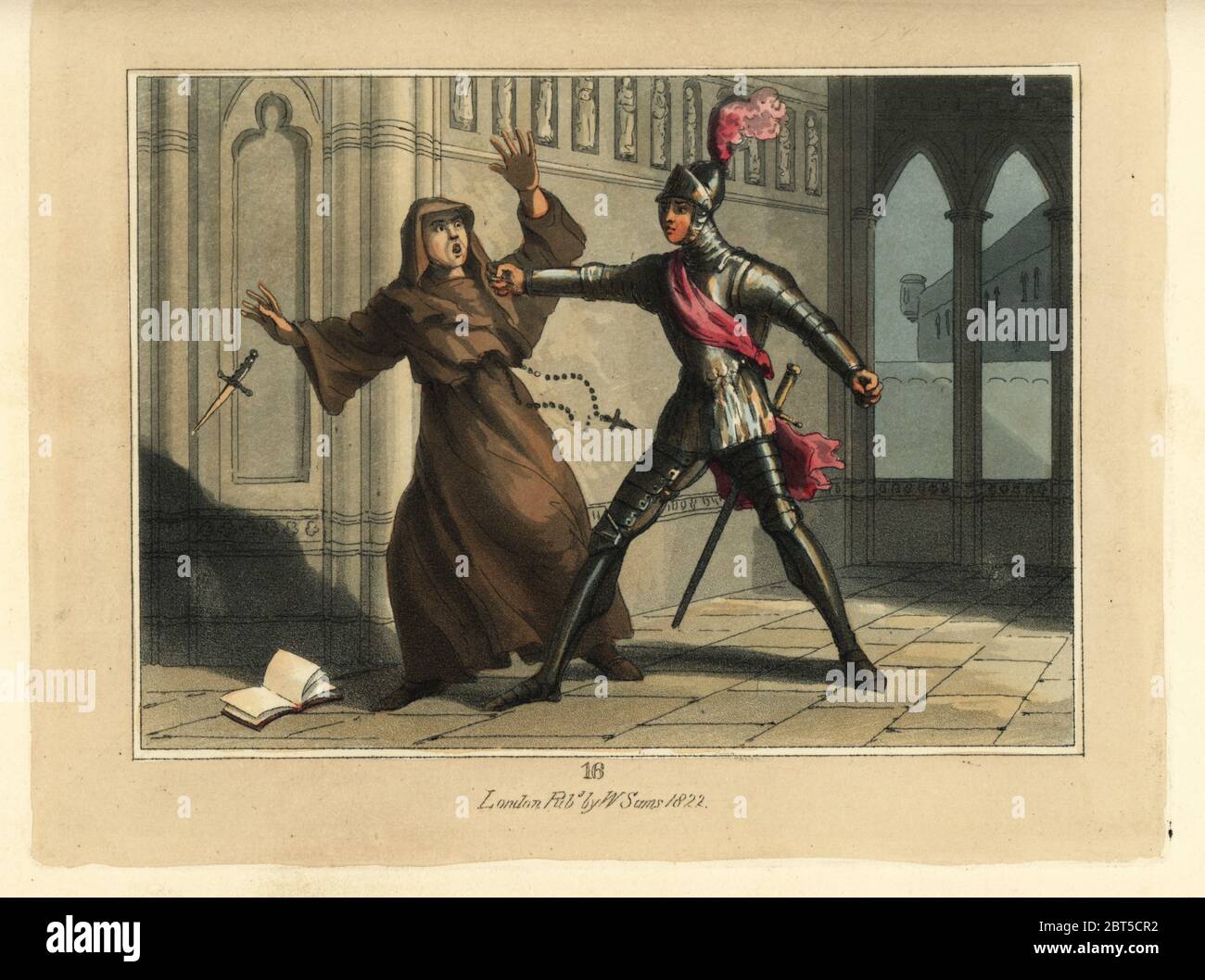 Medieval knight in suit of armour punching a monk with a knife. Sir Ethelbert fighting Alan disguised as a monk. Handcoloured copperplate engraving after an illustration by Thomas Rowlandson from The Tournament, or Days of Chivalry, William Sams, London, 1823. Stock Photo