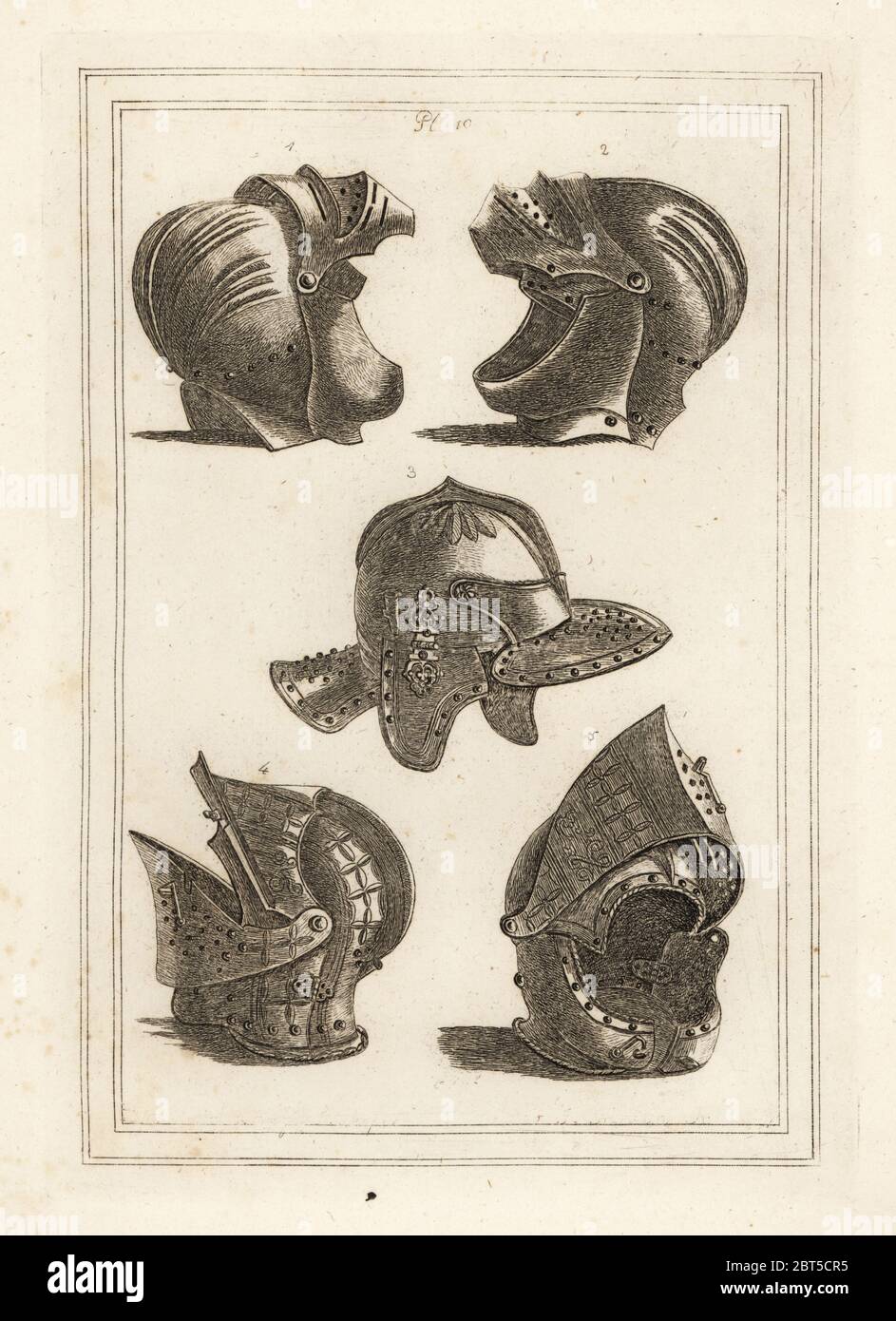 Helmet of John de Courcy, Earl of Ulster 1,2, Oliver Cromwells headpiece 3, tilting helmet 4,5. Copperplate engraving from Francis Grose's Military Antiquities respecting a History of the English Army, Stockdale, London, 1812. Stock Photo