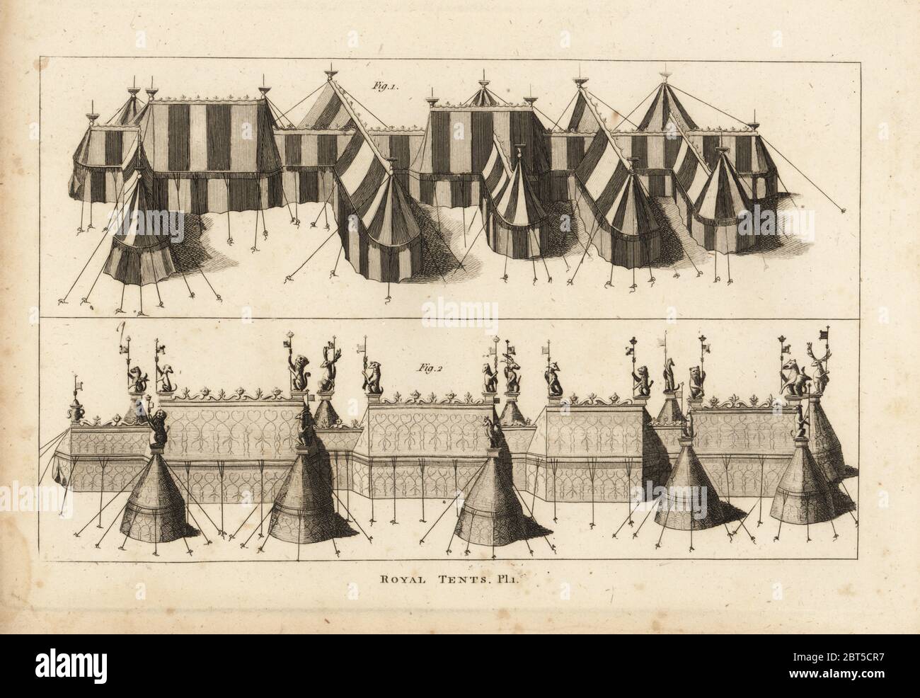 Royal tents pitched for the meeting of King Henry VIII and King Francis I of France near Ardres 1520. Copperplate engraving after the Cotton Collection, Augustus II, from Francis Grose's Military Antiquities respecting a History of the English Army, Stockdale, London, 1812. Stock Photo