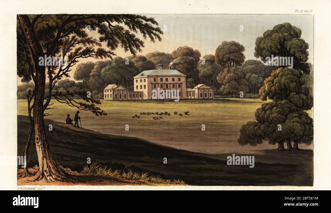 Piercefield, Monmouthshire, seat of Nathaniel Wells. Built by architect Sir Mark Wood in Bath stone in the Grecian style. Slave owner Nathaniel Wells was the son of sugar planter William Wells and enslaved house worker Juggy. Handcoloured copperplate engraving after an illustration by F.W.L. Stockdale from Rudolph Ackermanns Repository of Arts, London, 1825. Stock Photo