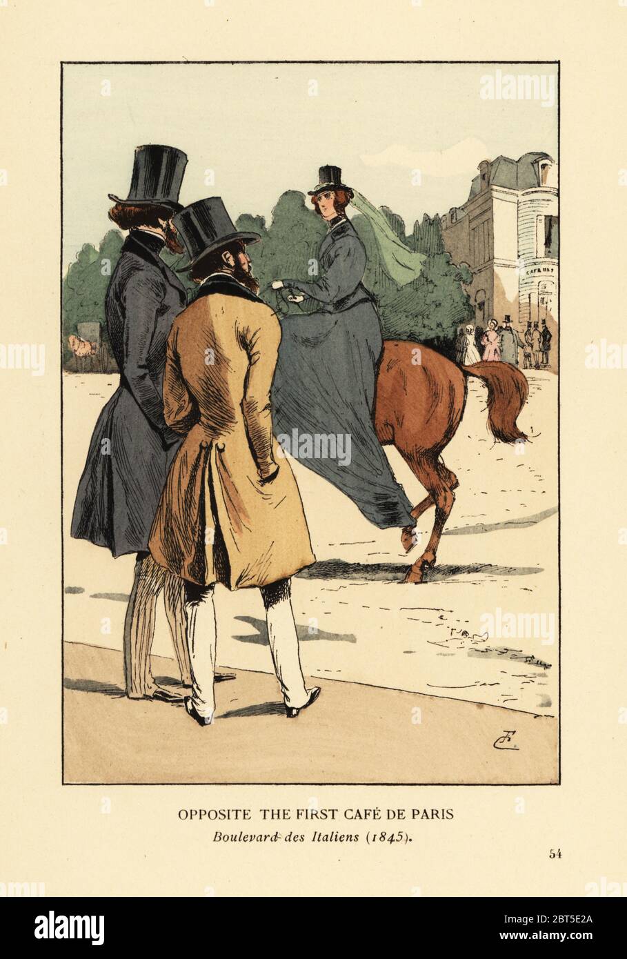 Opposite the first Cafe de Paris, Boulevard des Italiens, 1845. Two bearded dandies in redingotes and top hats watch a woman in long riding dress side-saddle on a horse. The cafe was one of several popular restaurants on the boulevard. Handcoloured lithograph by R.V. after an illustration by Francois Courboin from Octave Uzannes Fashion in Paris, William Heinemann, London, 1898. Stock Photo
