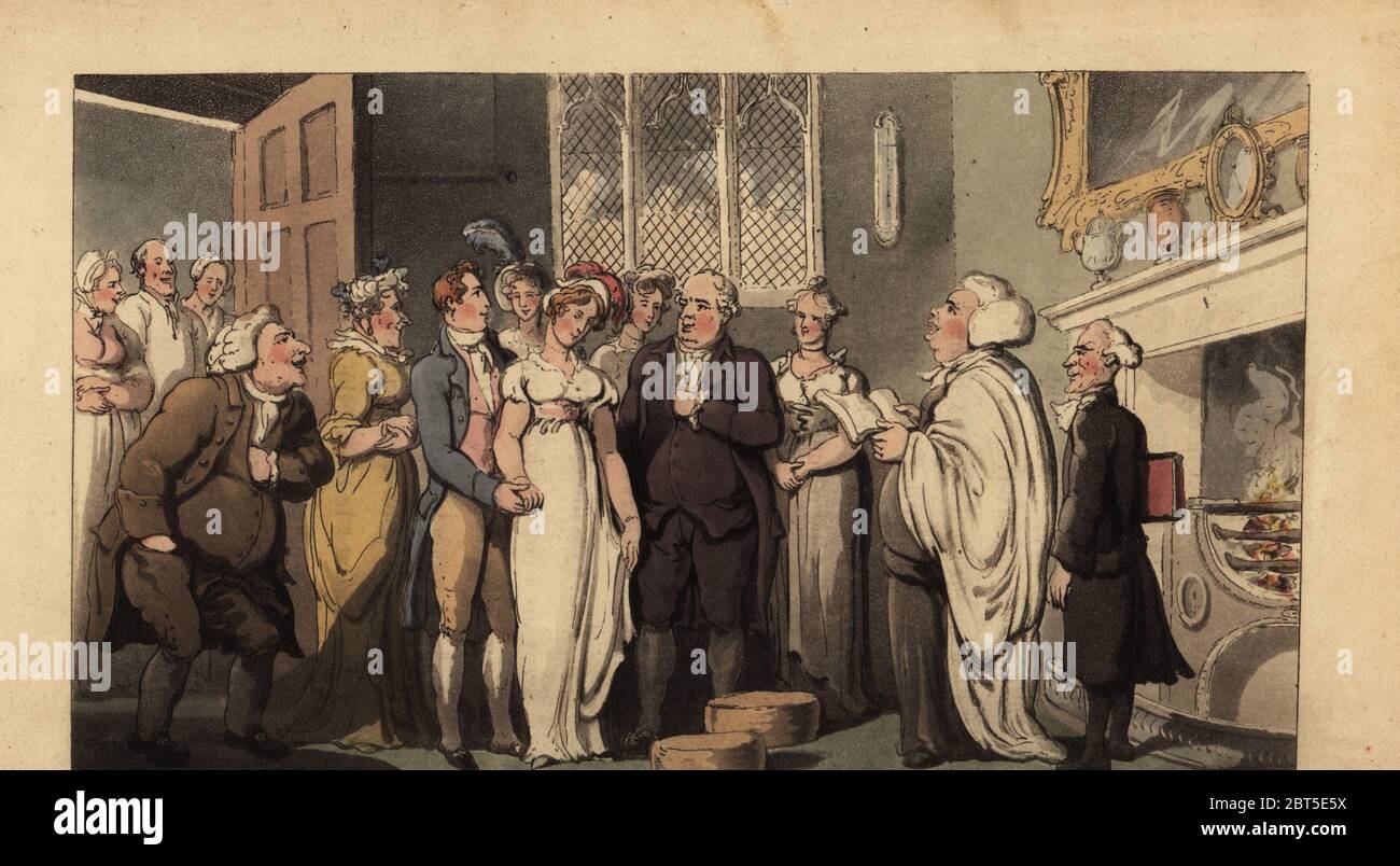 English gentleman marrying his bride in a stately home before family and staff. Handcoloured copperplate engraving after an illustration by Thomas Rowlandson from William Combes The Dance of Life, Rudolph Ackermann, London, 1817. Stock Photo