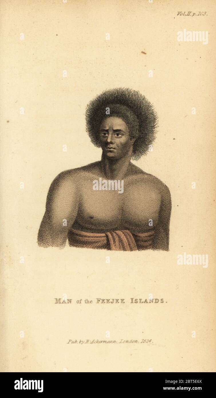 Vouacece, Fijian chief. Man of the Feejee Islands. Handcoloured stipple engraving from Frederic Shoberl's The World in Miniature, The South Sea Islands, Ackermann, 1824. From an illustration by Jean Piron in Voyage de la Perouse, 1800. Stock Photo