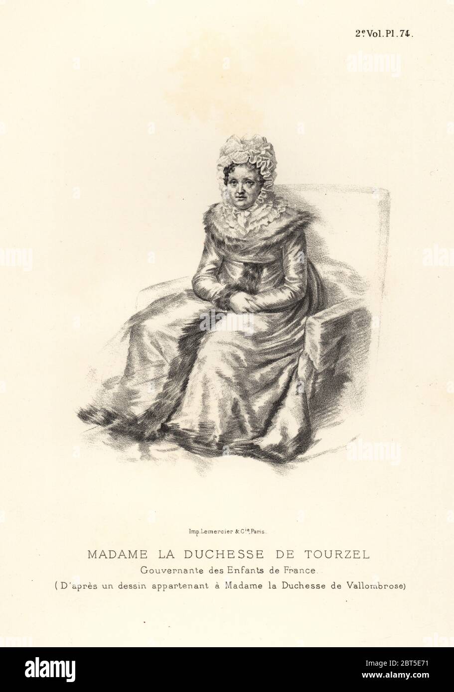 Portrait of the Duchess of Tourzel, governess to Marie Antoinettes children. Louise-Elisabeth de Croy d'Havre, Madame la Duchesse de Tourzel. Lithograph after a portrait attributed to the Duchesse de Vallombrose from Fashions and Customs of Marie Antoinette and her Times, by Le Comte de Reiset, Paris, 1885. The journal of Madame Eloffe, dressmaker and linen-merchant to the Queen and ladies of the court. Stock Photo
