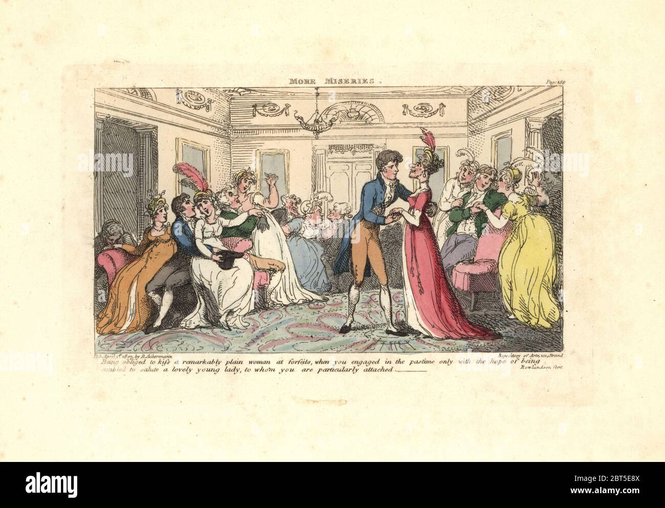 Man forced to kiss an ugly woman at a dance party during a game of forfeits. More Miseries. Handcoloured copperplate engraving designed and etched by Thomas Rowlandson to accompany Reverend James Beresfords Miseries of Human Life, Ackermann, 1808. Stock Photo