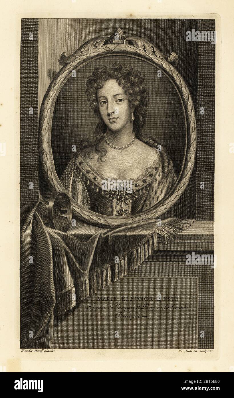 Mary of Modena, wife of King James II of Great Britain, epouse de Jacques II Roy de la Grande Bretagne. In velvet and ermine gown decorated with gems, pearl necklace. Crown outside frame. Copperplate engraving by Jean Audran after Adriaen van der Werff after a painting by Godfrey Kneller from Isaac de Larreys Histoire dAngleterre, dEcosse et dIrlande, Amsterdam, 1730. Stock Photo