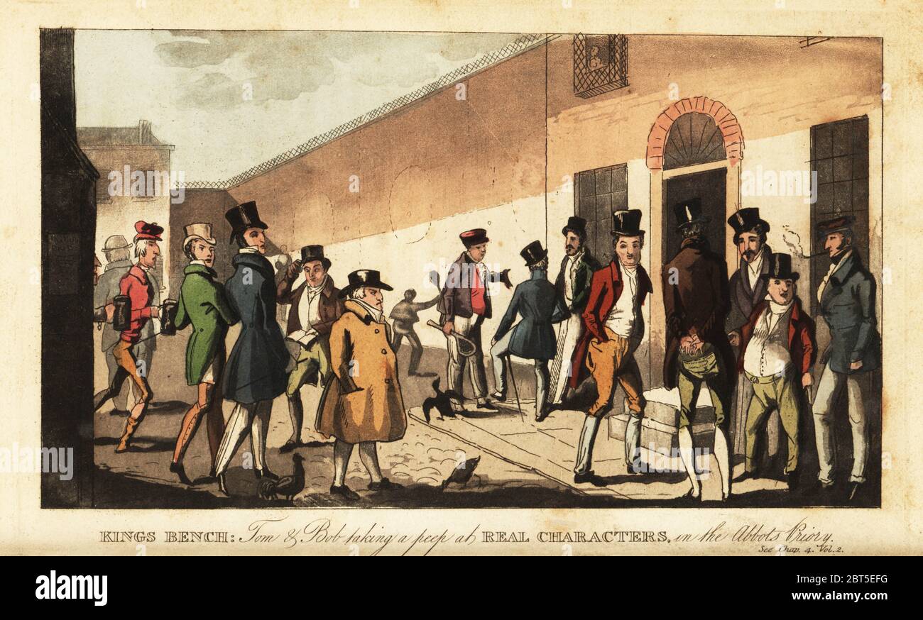 Regency dandies visit Kings Bench debtors prison, Southwark. Inmates exercise in a yard surrounded by 30ft walls. A trader rents rackets and balls, others bring beer and gin. Kings Bench. Tom and Bob taking a peep at Real Characters in the Abbots Priory. Handcoloured copperplate engraving from Real Life in London, or, the Further Rambles and Adventures of Bob Tallyho, Esq. and His Cousin The Hon. Tom Dashall, through the Metropolis, Jones, London 1821. Anonymous imitation of Pierce Egans Life in London. Stock Photo