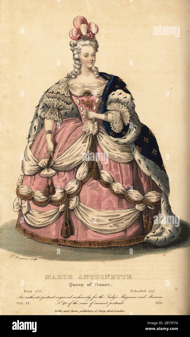 Marie Antoinette, queen of King Louis XVI of France, 1755-1793. In pink satin court dress with white gauze festoonings over a large hooped petticoat. Handcoloured copperplate engraving by Edward Hargrave from The Lady's Magazine and Museum of the Belles Lettres, Fine Arts, Drama, Fashions, etc., Vol. IX, Dobbs, London, 1836. Stock Photo