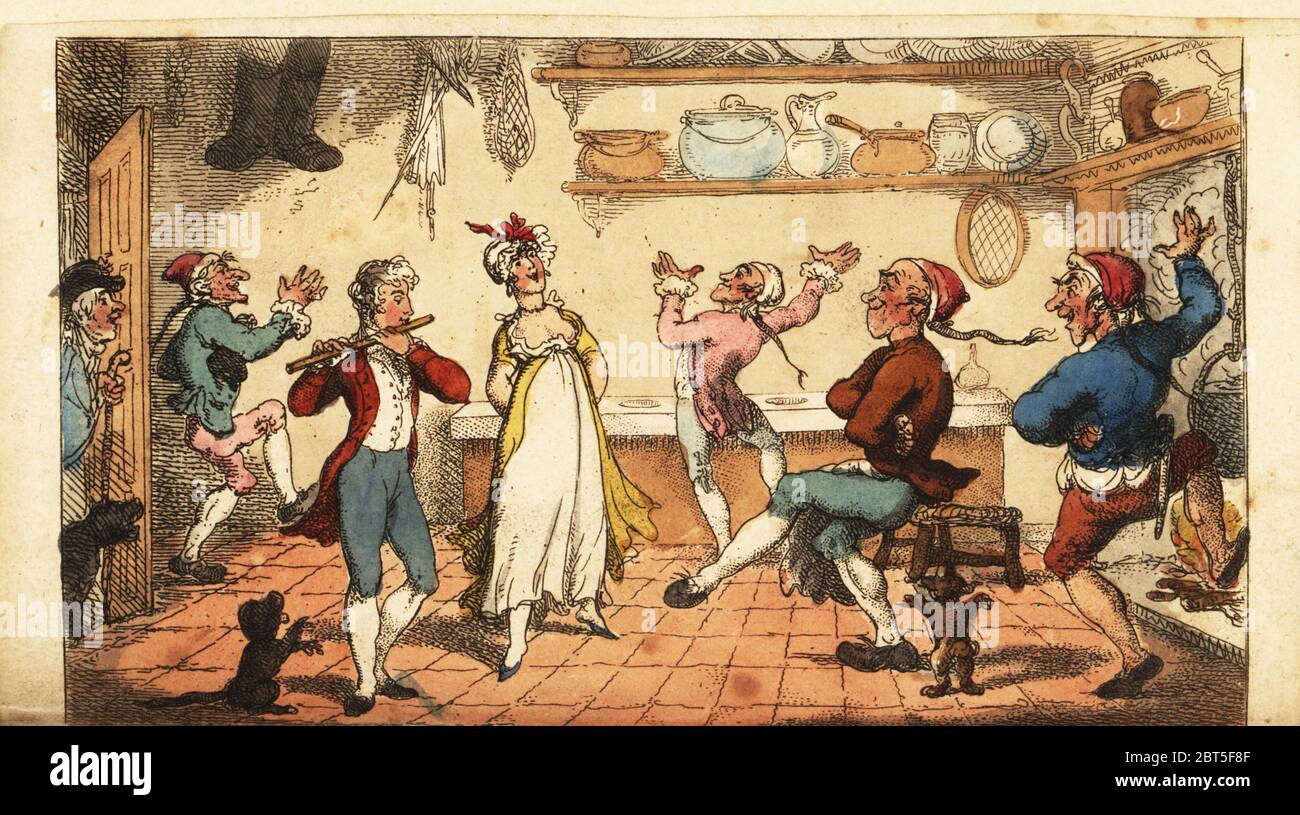 A French valet playing the fife in the kitchen of an auberge in Amiens. The chambermaid, cook, scullion and maitre dhotel dance. The Dance at Amiens. Handcoloured copperplate engraving by Thomas Rowlandson from Laurence Sternes A Sentimental Journey through France and Italy, Thomas Tegg, London, 1809. Stock Photo