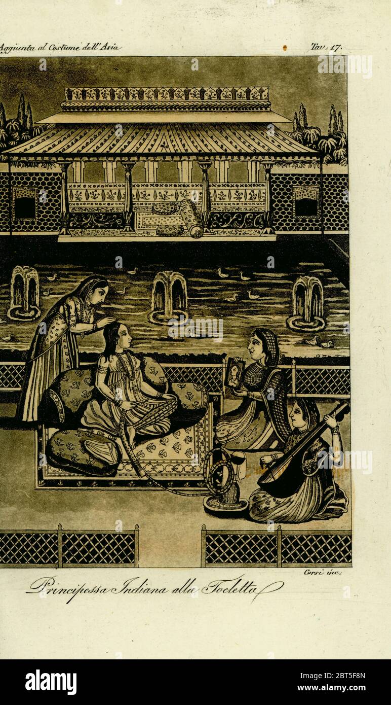 Indian princess having her hair done, 18th century. A princess smokes a hookah pipe while maids fix her hair, hold a mirror and play music. In a courtyard with pond, fountains and garden. Principessa Indiana alla Toeletta. From a miniature. Handtinted copperplate engraving by Corsi after Giulio Ferrario in his Costumes Ancient and Modern of the Peoples of the World, Il Costume Antico e Modern o Story, Florence, 1833. Stock Photo