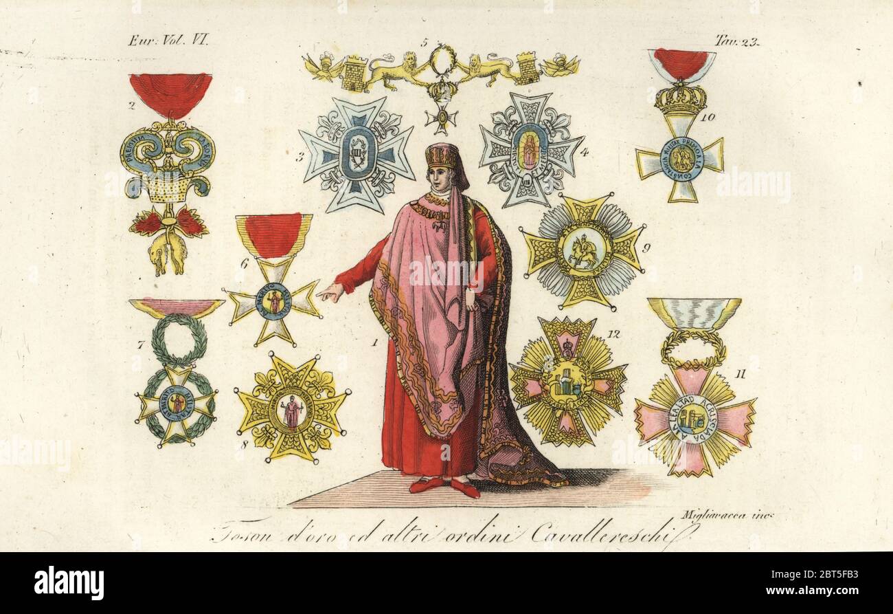 Knight in ceremonial robes of the Distinguished Order of the Golden Fleece and crosses and emblems of high chivalric orders. Toison doro ed altri ordini cavallereschi. Handcoloured copperplate engraving by Migliavacca after Giulio Ferrario in his Costumes Ancient and Modern of the Peoples of the World, Il Costume Antico e Modern o Story, Florence, 1829. Stock Photo