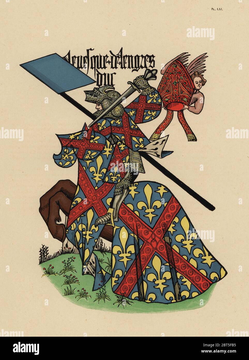 Bishop of Langres, Eveque de Langres, with mitre. Chromolithograph from  Loredan Larchey's Ancien Armorial Equestre de la Toison d'Or et de l'Europe  au 15e siecle (Ancient Equestrian Armorials of the Order of
