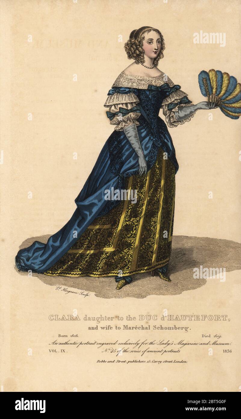 Clara de Hautefort, daughter of Duc d'Hauterfort and wife to Marechal Schomberg, 1616-1691. Favorite of King Louis XV. Handcoloured copperplate engraving by Edward Hargrave from The Lady's Magazine and Museum of the Belles Lettres, Fine Arts, Drama, Fashions, etc., Vol. IX, Dobbs, London, 1836. Stock Photo