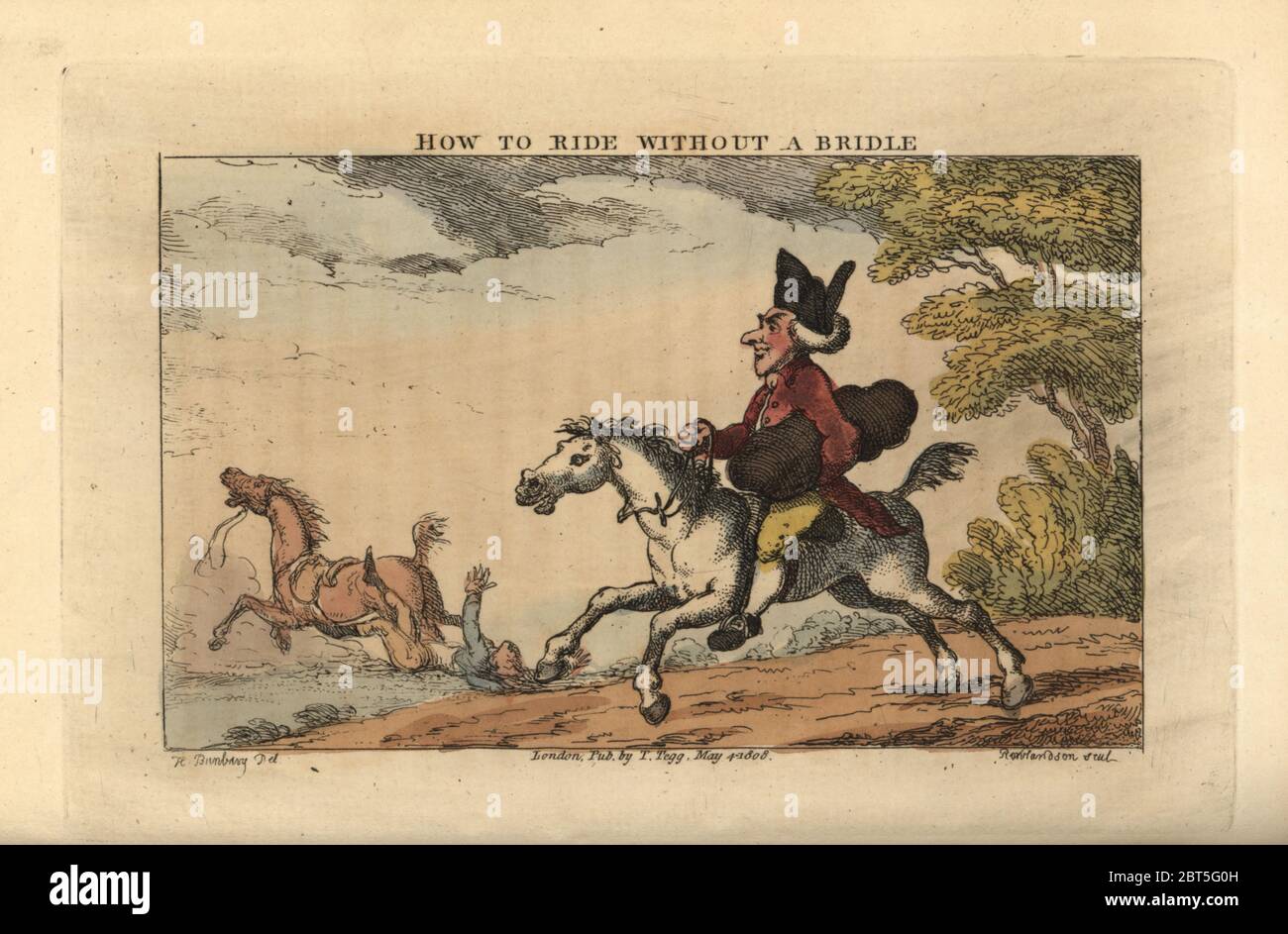 Regency gentleman riding a horse with only a string around its neck. A man is dragged off by a horse, his foot caught in a stirrup, in the background. How to Ride Without a Bridle. Handcoloured copperplate engraving by Thomas Rowlandson after an illustration by Henry Bunbury from Geoffrey Gambados An Academy for Grown Horsemen and Annals of Horsemanship, London, 1809. Stock Photo