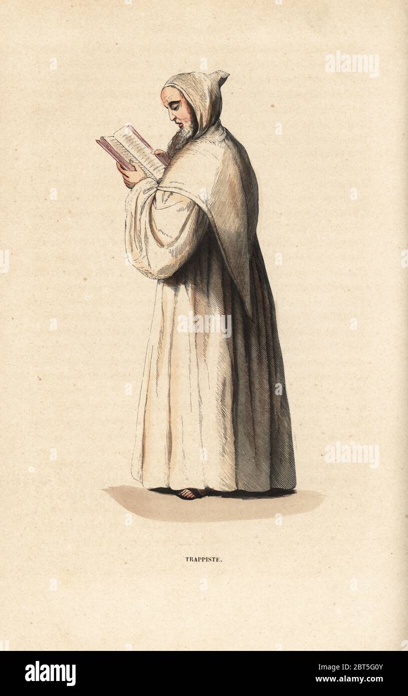 Trappist monk reading a Bible, Order of Cistercians of the Strict Observance, Trappiste, L'ordre cistercien de la Stricte Observance. Handcoloured woodblock engraving after an illustration by Jacques Charles Bar from Abbot Tirons Histoire et Costumes des Ordres Religieux, Librairie Historique-Artistique, Brussels, 1845. Stock Photo