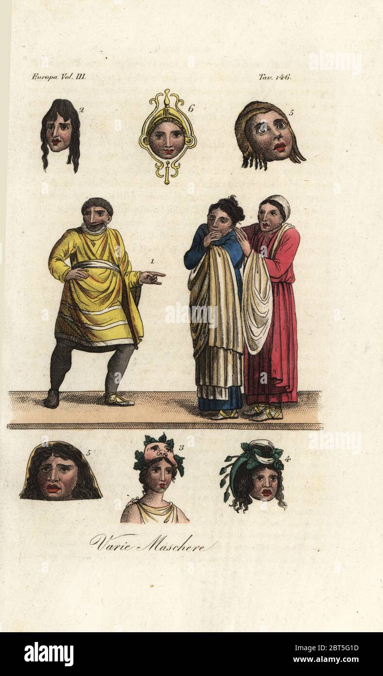 Masks from ancient Greek theatre. A slave in short tunic makes an indecent gesture at two women in a Greek comedy. Satiric mask 2, comic masks 3,4 and tragic masks 5-7. Handcoloured copperplate engraving from Giulio Ferrario's Costumes Ancient and Modern of the Peoples of the World, Florence, 1847. Stock Photo