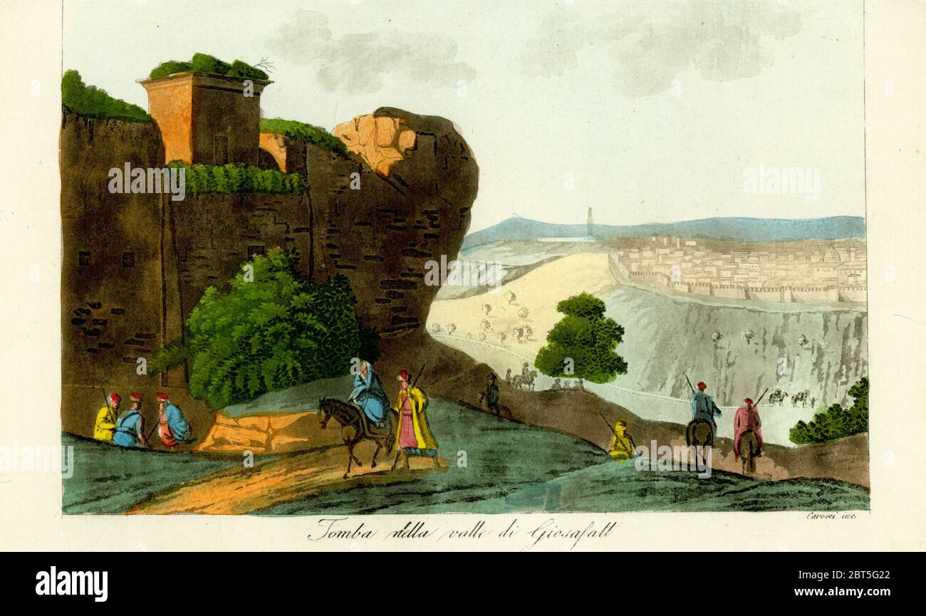 Tomb in the Valley of Jehoshaphat, 1800s. Tomba della valle di Giosafatt. Handcoloured copperplate engraving by Carocci after Giulio Ferrario in his Costumes Ancient and Modern of the Peoples of the World, Il Costume Antico e Moderno, Florence, 1833. Copied from Luigi Mayers Views in Egypt, Palestine and Other Parts of the Ottoman Empire, 1804. Stock Photo