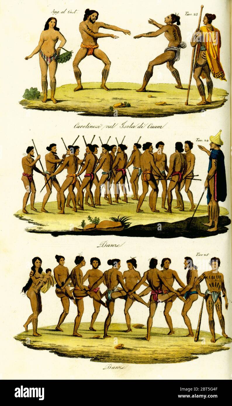 Traditional dances of the Caroline Islands, Micronesia, 19th century. Men with tattoos, wearing loincloths, dancing with sticks. Carolians on Guam at top. Handcoloured copperplate engraving by Corsi after Jacques Etienne Victor Arago from Giulio Ferrario's Costumes Ancient and Modern of the Peoples of the World, Florence, 1834. Stock Photo
