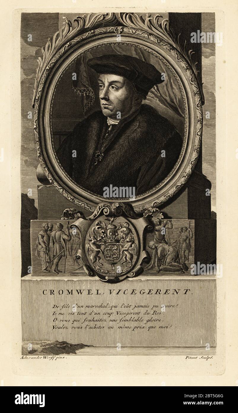 Portrait of Thomas Cromwell, 1st Earl of Essex, English lawyer and statesman to King Henry VIII. With coat of arms and vignette of execution by beheading. Cromwell Vice Regent. Copperplate engraving by Nicholas Pitaut after Adriaen van der Werff from Isaac de Larreys Histoire dAngleterre, dEcosse et dIrlande, Reinier Leers, Rotterdam, 1713. Stock Photo