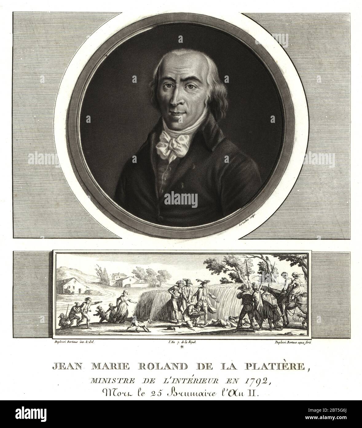 Jean Marie Roland de la Platiere, Minister of the Interior, 1792. Committed suicide after the execution of his wife. Vignette shows the discovery of his corpse in a wheatfield on the road to Rouen. Mezzotint drawn and engraved by Jean Duplessis-Bertaux from his Collection Complete de 60 Portraits des Personnages qui ont le plus Figure dans la Revolution Francaise, Auber, Pairs, 1800. Portrait engraved by Charles Francois Gabriel Levachez. Stock Photo